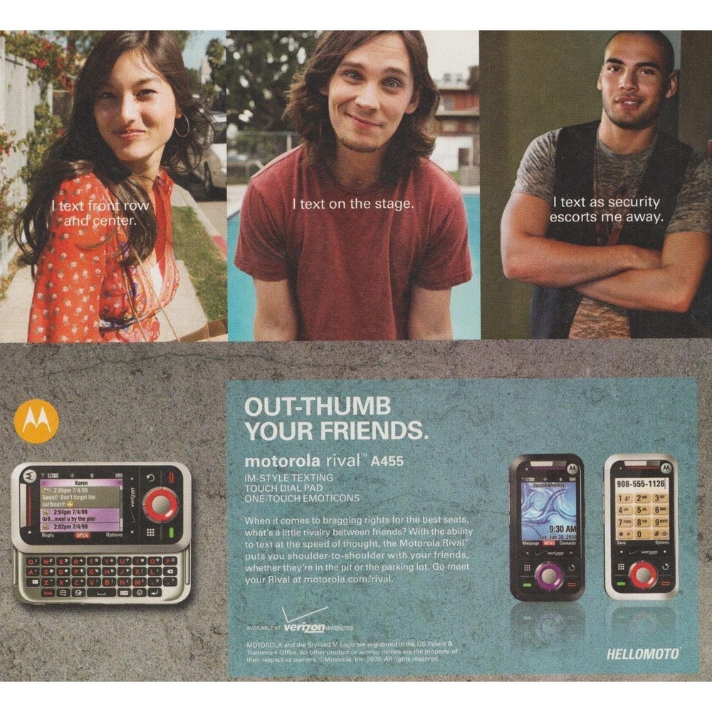 Vintage 2009 Motorola Rival A455 Print Ad Hello Moto Retro Cell Phone Decor